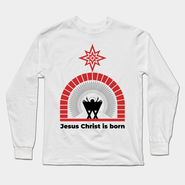 Baby Jesus in the barn, from above the light of the star of Bethlehem. Nativity of the Savior Christ. Long Sleeve T-Shirt by Reformer